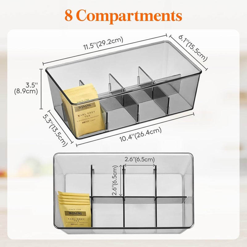 Lifewit Plastic Black Tea Bag Organizer, Divided Storage Bin Box with 8 Compartments, Holds Coffee Pods, Sugar Packets, Condiments, Snacks for Countertop, Cabinet, 2 Pack - Image 4